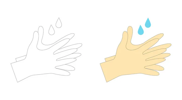 手洗矢量图标设置在平面轮廓和彩色填充风格隔离 手部消毒标志 — 图库矢量图片