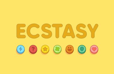 Ecstasy kelimesi ve mdma hapları pankartı.