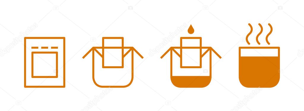 Drip bag coffee brewing instruction icons set. Step by step cooking instruction