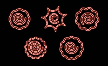 Narutomaki ya da kamaboko surimi simgeleri kırmızı neon rengini siyah olarak ayarlar. Geleneksel Japon naruto buharda pişmiş, ortasında pembe kıvrımlı balık keki. Ramen çorbası için tepeleme izole edilmiş illüstrasyon.