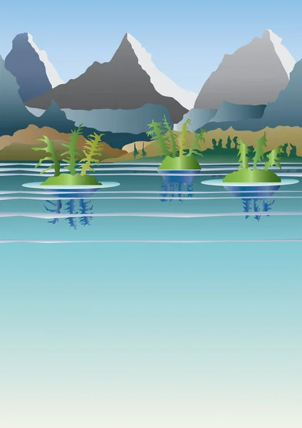 Lac de montagne avec des îles et de grandes montagnes en arrière-plan . — Image vectorielle
