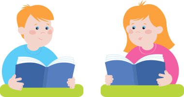 Vektör düz çizim oğlan ve kız bir kitap okudu