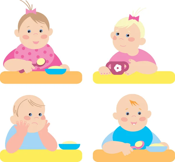 Vector Flat Illustration Babies Eat — Stock Vector