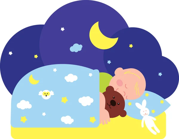 Ilustración Plana Vectorial Bebé Lindo Durmiendo Dulcemente Con Oso Peluche — Archivo Imágenes Vectoriales