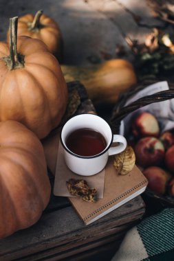 Sonbahar tarzı kompozisyon. Sonbahar kahvaltısı hala hayattadır. İskandinav kızlık zarı kavramı. Sabah konsepti. Balkabakları ve elmalarla dolu samimi bir sonbahar sahnesi. Düz yatıyordu. Ev dekoru.