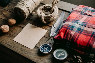 Hipster traveler hiking pack. Set for hiking in the mountains or forest. Scout concept. Rustic flat lay on a wooden table. Hipster lumberjack flat lay.	