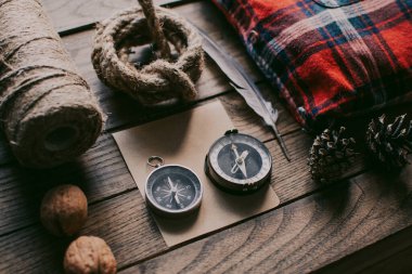 Hipster traveler hiking pack. Set for hiking in the mountains or forest. Scout concept. Rustic flat lay on a wooden table. Hipster lumberjack flat lay.	