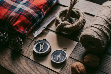 Hipster traveler hiking pack. Set for hiking in the mountains or forest. Scout concept. Rustic flat lay on a wooden table. Hipster lumberjack flat lay.	