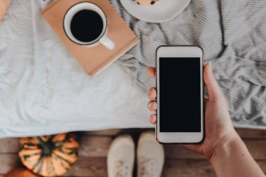 Blogger 'ın sabah konsepti. Model yap. Yatakta kahvaltı. Balkabaklarıyla sade bir sonbahar sahnesi. Düz yerde, üst tarafta. Ev dekoru. Cadılar Bayramı 'ndan ya da Şükran Günü' nden önce.