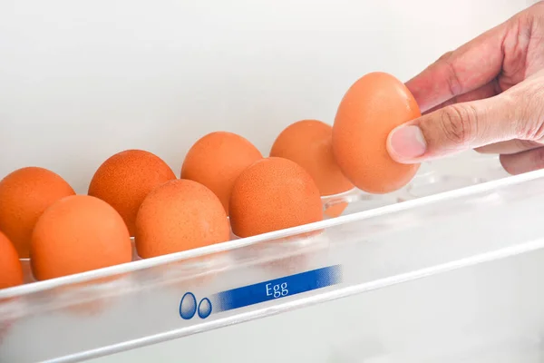 Hand Picking Fresh Chicken Egg Egg Shelf Refrige — Stock Photo, Image