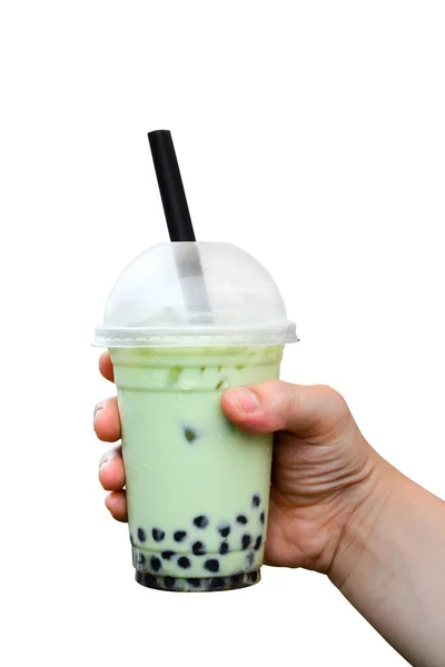 Clipping Pfad Nahaufnahme Hand Hält Glas Milch Bubble Matcha Grüner — Stockfoto