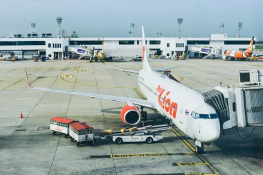 Bangkok, Tayland - 8 Mayıs 2017: Tayland Lion Air uçağı havaalanına park edilmiş ve işçi bavullarını Don Mueang Uluslararası Havaalanı 'ndaki bir uçağa yüklüyor.