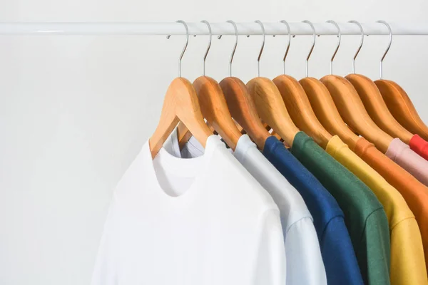 Close Collection Colorful Shirts Hanging Wooden Clothes Hanger Closet Clothing — Fotografia de Stock