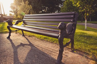parkta bir aslan yüzü ile metal korkuluk ile gün batımında tezgah