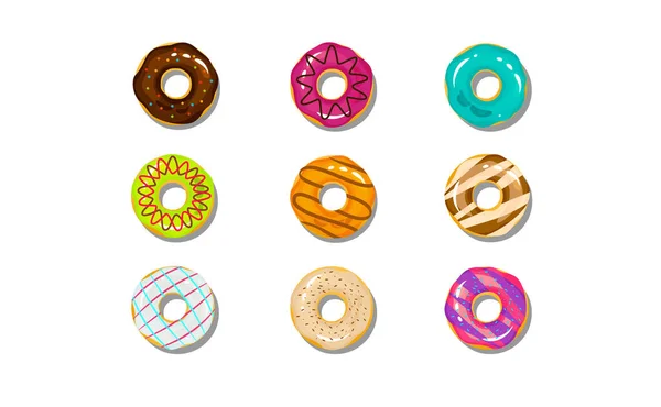 Set Cartoon Colorful Donuts Isolated White Background Top View Doughnuts — Stock Vector