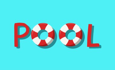 Çift yüzme şamandıralı havuz tipografisinin vektör çizimi. Cyan arkaplanda izole