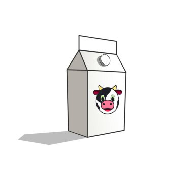 Üzerinde inek resmi olan süt karikatürü paketi. Beyaz bir arkaplanda izole edilmiş