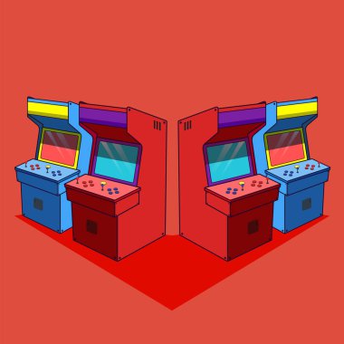 Kırmızı ve mavi arkaplanda izole edilmiş dört oyun makinesi