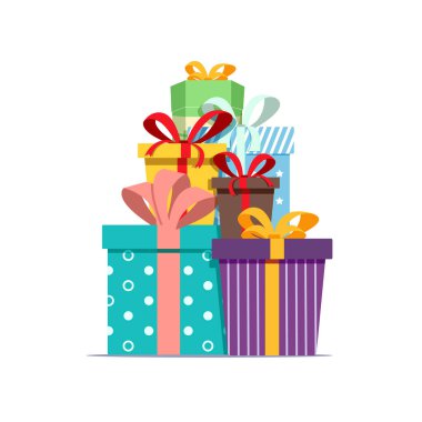 Kurdeleli renkli hediye kutuları yığını. Bir sürü hediye. Düz biçim vektör çizimi beyaz arkaplanda izole edildi