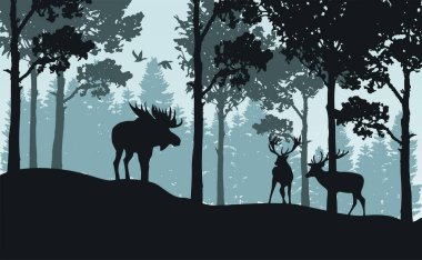 Yeşil orman, geyik, geyik ve uçan kuşlarla manzara