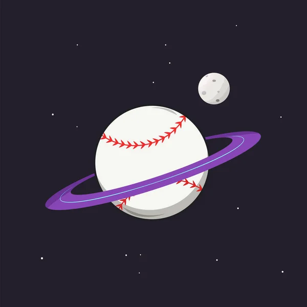 Ilustração Conceitual Beisebol Planeta Isolado Fundo Preto Com Lua Estrelas — Vetor de Stock