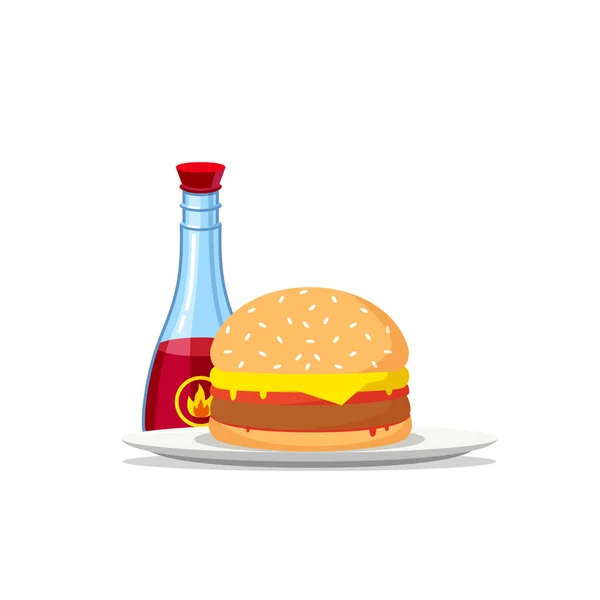 Hamburger Spicy Sauce Illustration Flat Style Vector Illustration Isolated White — Stock Vector