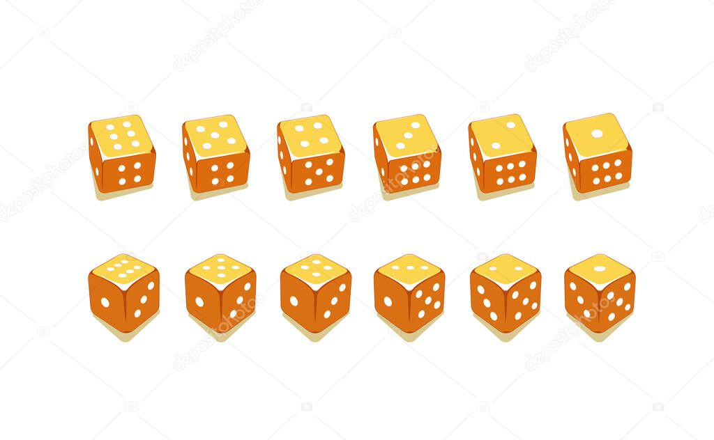 Illustration of golden dices set shows number from 1 until 6 with two different angle