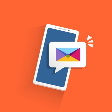 E-posta, mesaj, bilgilendirme konsepti. Yeni e-posta, akıllı telefon ekranında mesaj. Düz biçimli vektör illüstrasyonu