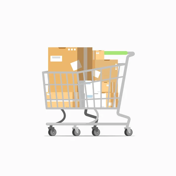 Shopping Cart Trolley Full Cardboard Box Isolated White Background — Stock Vector