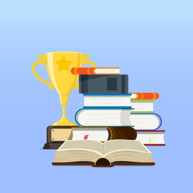 Okuma, eğitim ve bilginin tasviri. E-kitap, edebiyat, ansiklopedi ve altın kupa.