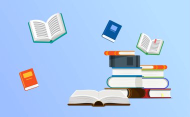 Okuma, eğitim ve bilginin tasviri. E-kitap, edebiyat, ansiklopedi. Kitapçı Reklamları Şablonu