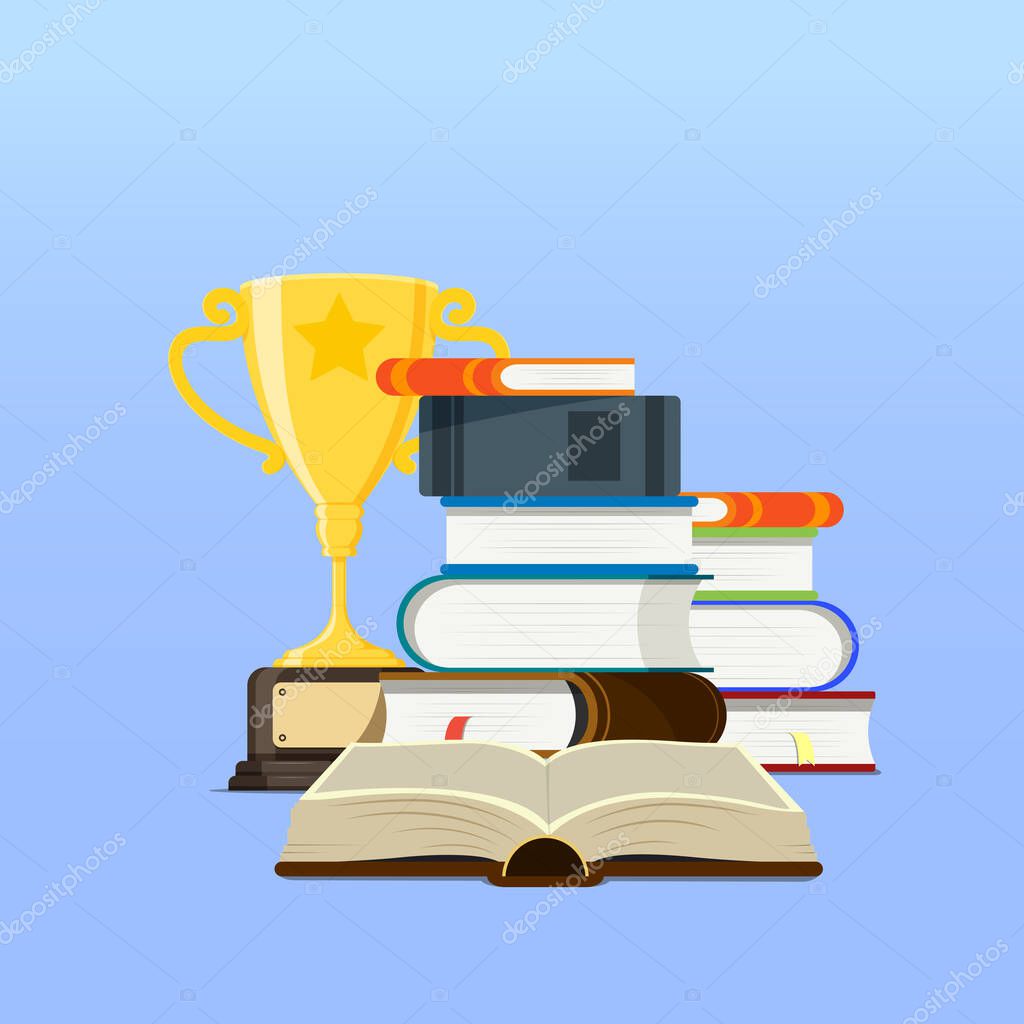 Concept illustration of Reading, education and knowledge. E-book, literature, encyclopedia and golden trophy.