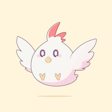 Hafif arka planda izole edilmiş şirin uçan beyaz tavuk çizgi filmi.