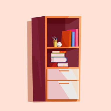 Çizgi film okul kitaplığının sabit, beysbol ve kitaplarla illüstrasyonu. Hafif bir arkaplanda izole edilmiş