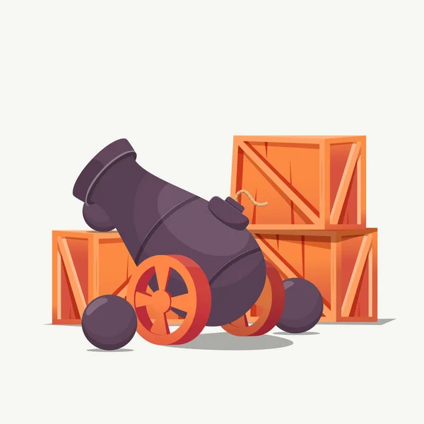 Ilustración Vectorial Bala Cañón Con Pila Caja Madera Munición Aislado — Vector de stock