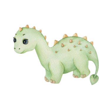 Işık arka planında sevimli küçük bir dinozor. Suluboya çocuk çizimi. 