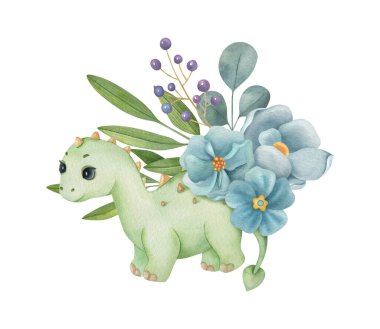 Işık arka planında çiçek kompozisyonu olan şirin bir dinozor. Suluboya izole çocuk çizimi. Davetiye, poster, ev dekorasyonu, ambalaj tasarımı, yazdırma için ideal.
