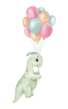 Işık arka planında balonları olan şirin bir dinozor. Suluboya çocuk çizimleri. Davetiye, poster, ev dekorasyonu, ambalaj tasarımı, yazdırma için ideal.