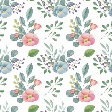 Watercolor floral seamless pattern on the light background. Hand-painted illustration with elegant flowers, leaves and buds.	