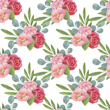 Watercolor floral seamless pattern on the light background. Hand-painted illustration with elegant flowers, leaves and buds.	
