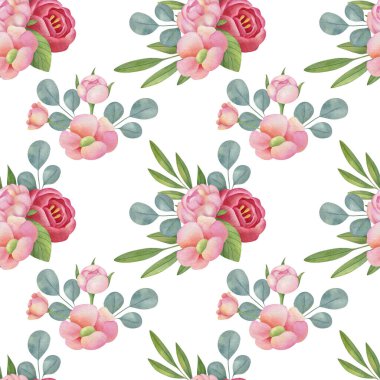 Watercolor floral seamless pattern on the light background. Hand-painted illustration with elegant flowers, leaves and buds.	