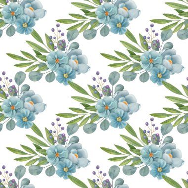 Watercolor floral seamless pattern on the light background. Hand-painted illustration with elegant flowers, leaves and buds.	