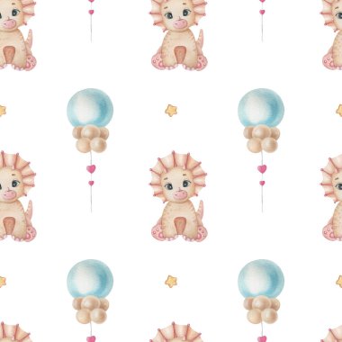 Suluboya desenli, sevimli dinozor ve balonla aydınlık arka planda. Komik çocuk illüstrasyonu. Çocuk tekstil, ambalaj ve diğer tasarımlar için ideal.