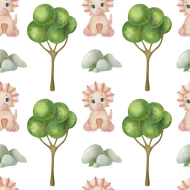 Açık arkaplanda şirin dinozor, kaya ve ağaç desenli suluboya desenler var. Komik çocuk illüstrasyonu. Çocuk tekstil, ambalaj ve diğer tasarımlar için ideal.