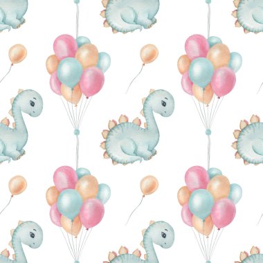 Suluboya desenli, sevimli dinozor ve balonla aydınlık arka planda. Komik çocuk illüstrasyonu. Çocuk tekstil, ambalaj ve diğer tasarımlar için ideal.