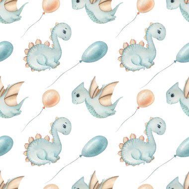 Suluboya desenli, sevimli dinozor ve balonla aydınlık arka planda. Komik çocuk illüstrasyonu. Çocuk tekstil, ambalaj ve diğer tasarımlar için ideal.