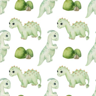 Tatlı dinozorlarla suluboya desenleri ve açık arkaplanda yeşil bir tepe. Komik çocuk illüstrasyonu. Çocuk tekstil, ambalaj ve diğer tasarımlar için ideal.