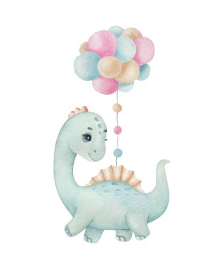 Işık arka planında balonları olan şirin bir dinozor. Suluboya çocuk çizimleri. Davetiye, poster, ev dekorasyonu, ambalaj tasarımı, yazdırma için ideal.