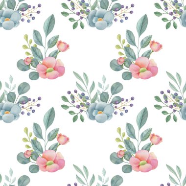 Watercolor floral seamless pattern on the light background. Hand-painted illustration with elegant flowers, leaves and buds.	