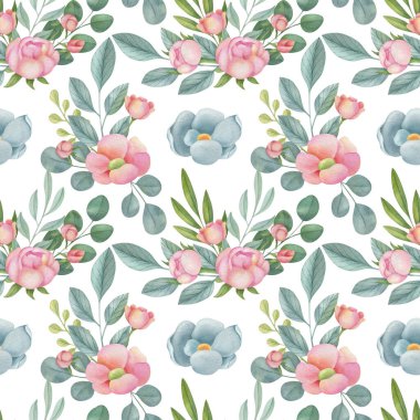 Watercolor floral seamless pattern on the light background. Hand-painted illustration with elegant flowers, leaves and buds.	